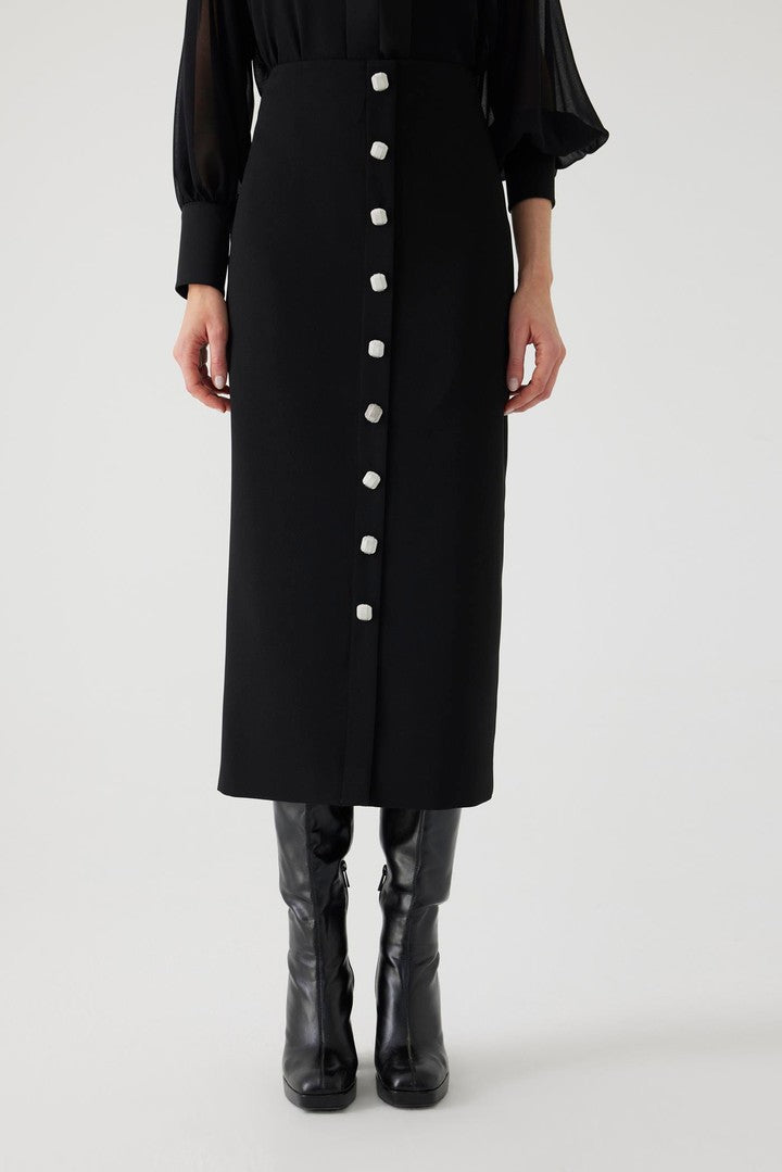 Black Button-Front Midi Pencil Skirt