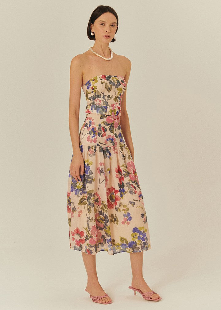 Floral Strapless Midi Dress with Belt