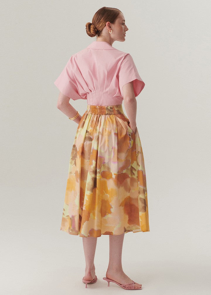 Watercolor Print Pleated Midi Skirt