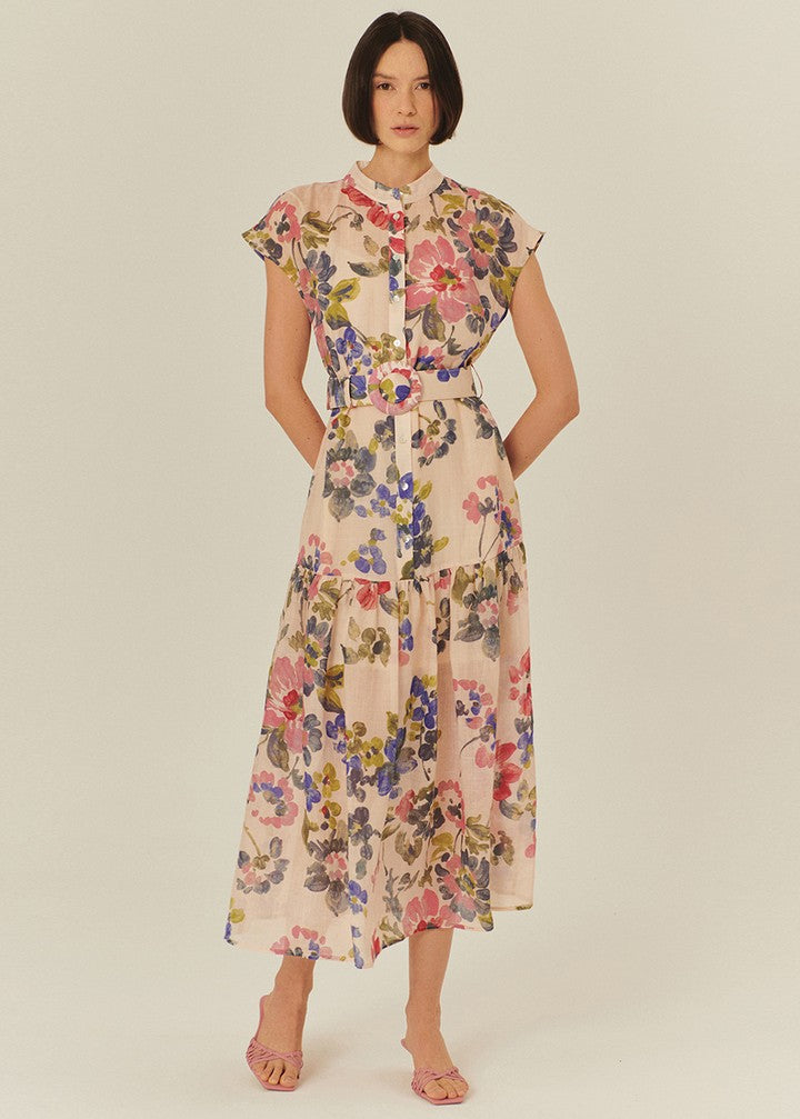 Button-Front Sleeveless Floral Dress