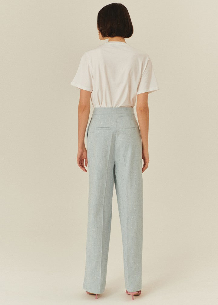 High-Waist Blue Trousers with Glossy Accents
