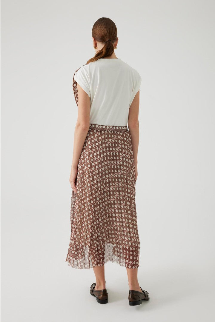 Brown Relaxed Fit Patterned Midi Skirt with Pleats and Elastic Waist