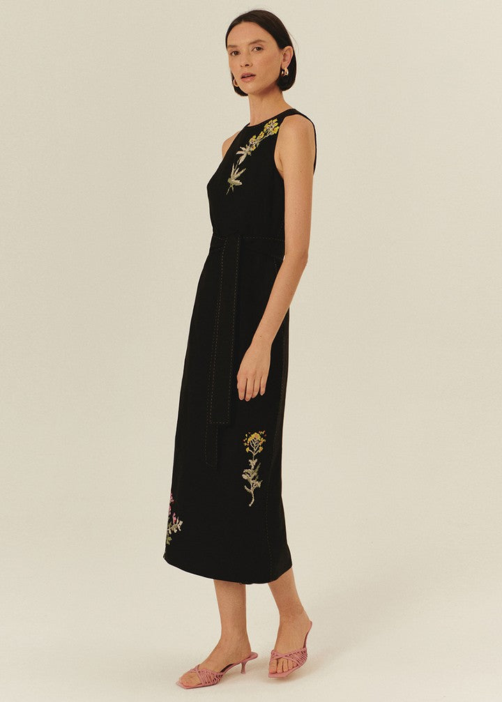 Floral Embroidered Black Linen Midi Dress With Belt