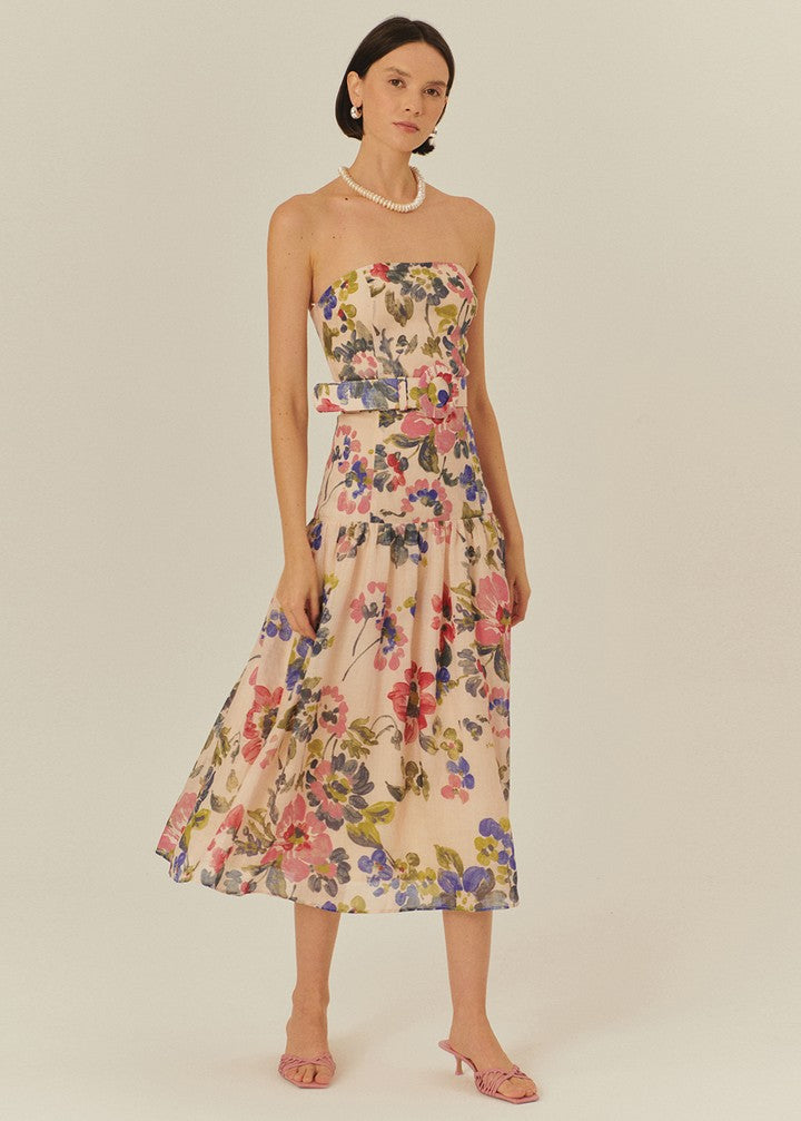 Floral Strapless Midi Dress with Belt