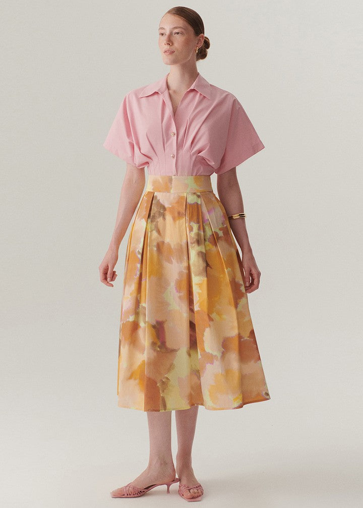 Watercolor Print Pleated Midi Skirt