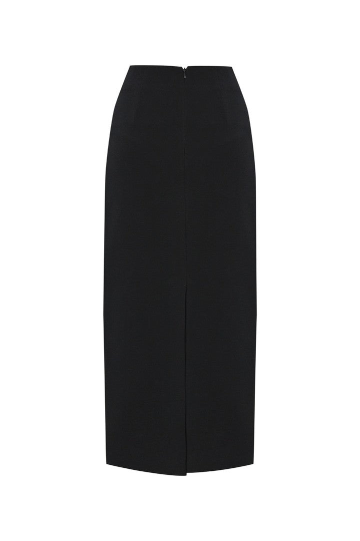 Black Button-Front Midi Pencil Skirt