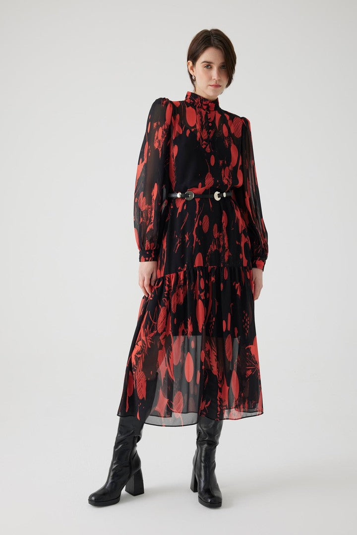 Red Patterned Chiffon Regular Dress with Belt