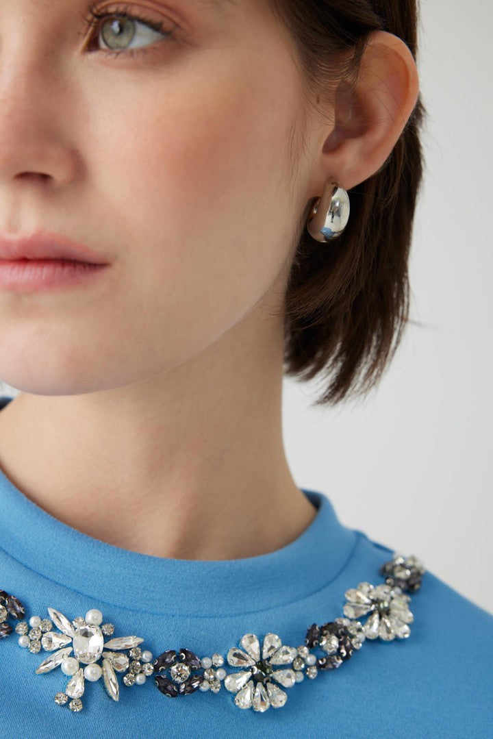 Blue Regular Fit T-Shirt with Crystal Embellished Neckline