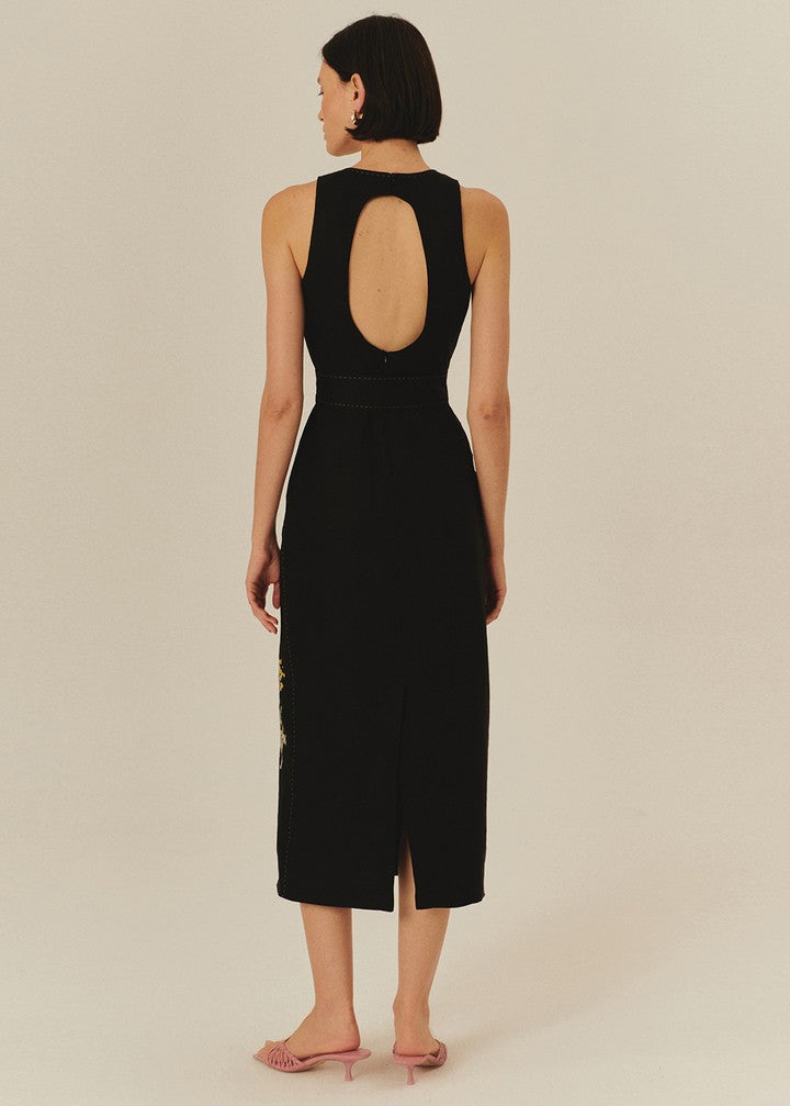 Floral Embroidered Black Linen Midi Dress With Belt