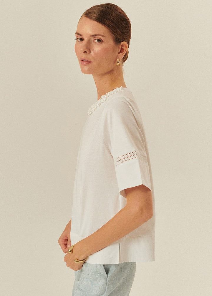 White Cotton T-Shirt with Embroidered Sleeve Detail