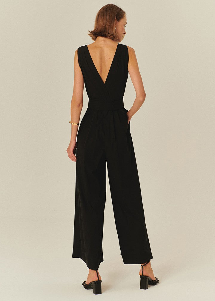 V-Neck Black Cotton Jumpsuit