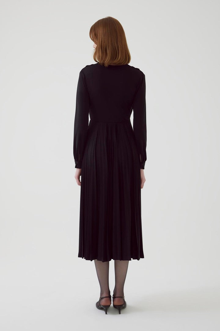 Black Stretch Knit Pleated Midi Dress