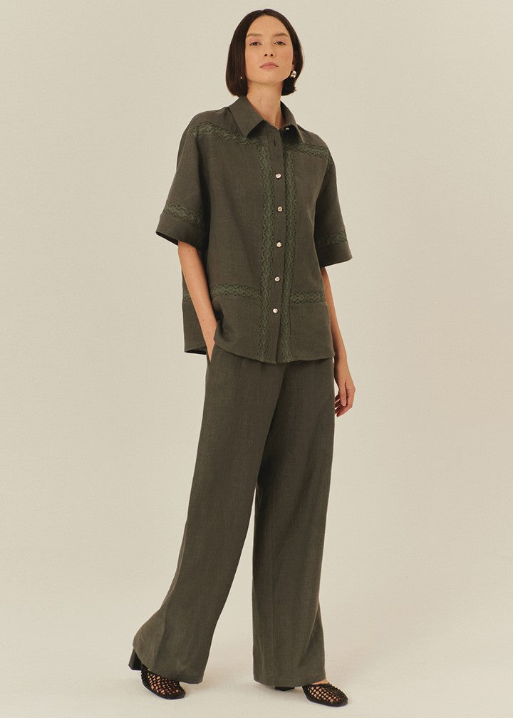 Embroidered Linen Button-Up