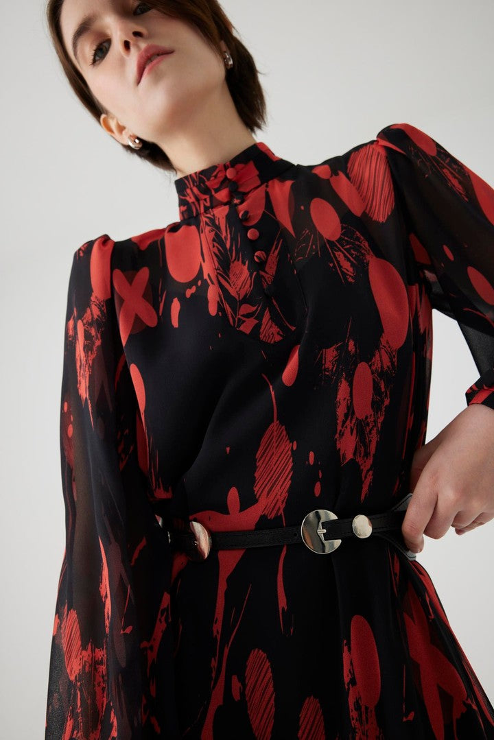 Red Printed Chiffon Regular Fit Dress with Belt