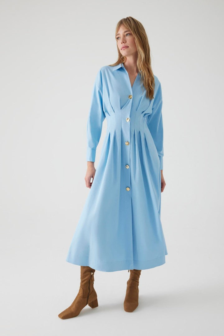 Cotton Midi Shirt Dress with Button Details and Fitted Waist