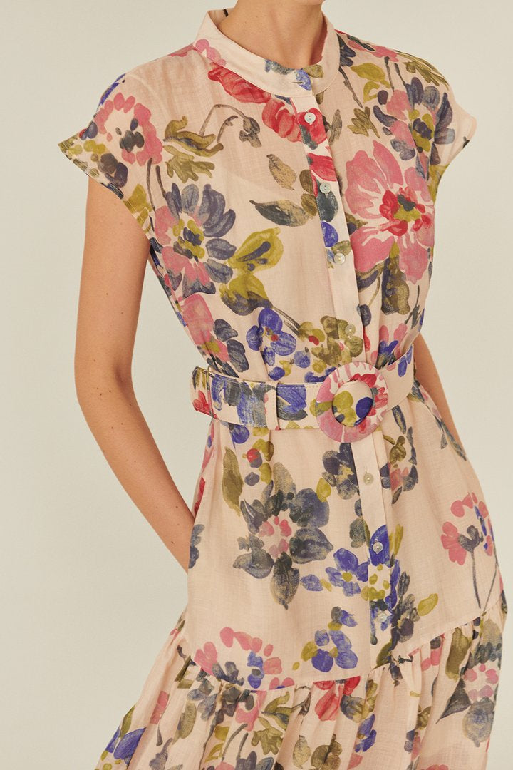 Button-Front Sleeveless Floral Dress