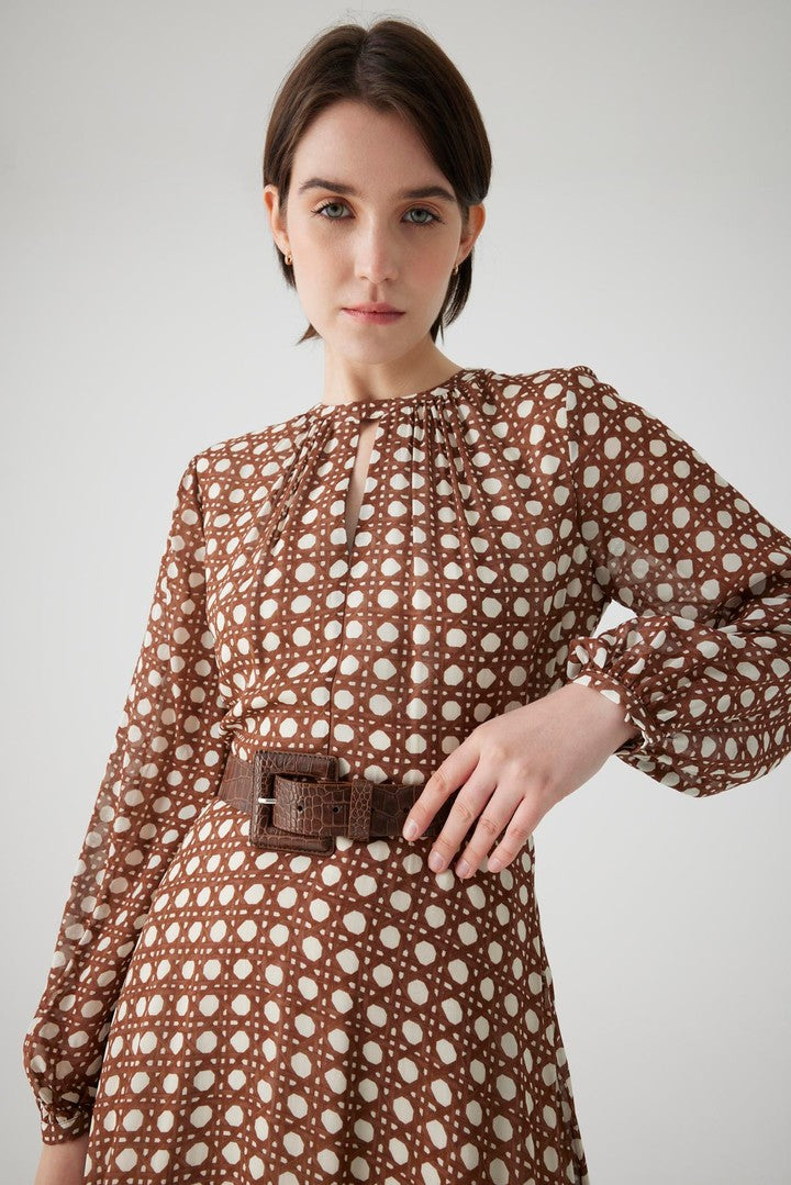 Brown Chiffon Midi Dress with Basket Pattern, Belted Waist, and Fitted Cut