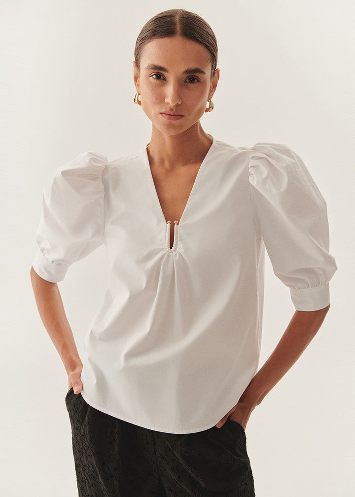 Puff Sleeve Poplin Keyhole Blouse
