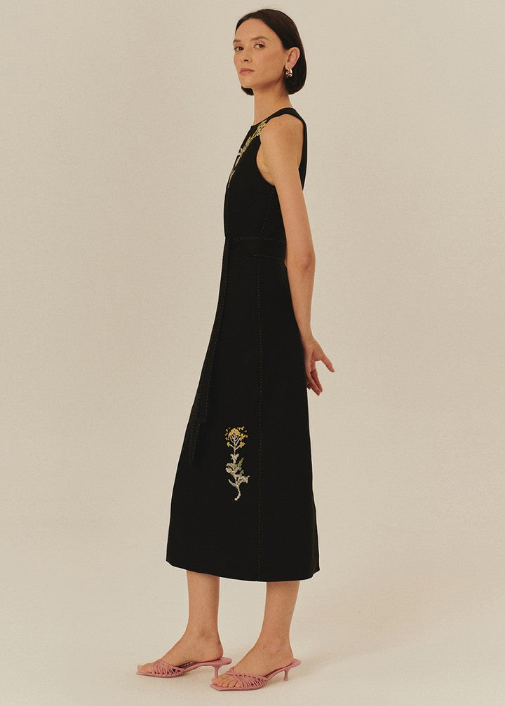 Floral Embroidered Black Linen Midi Dress With Belt