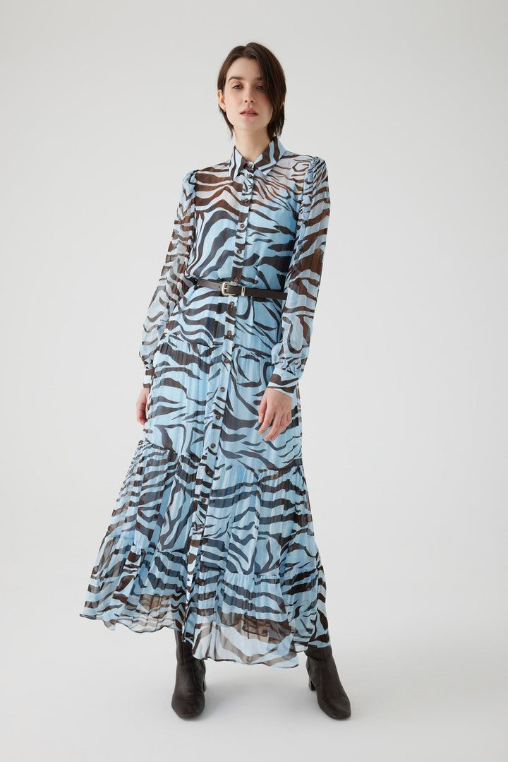 Regular Fit Zebra Print Maxi Dress with Belt and Lining