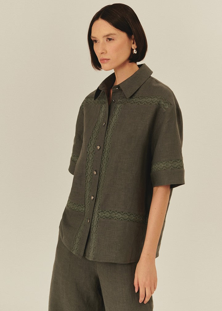 Embroidered Linen Button-Up