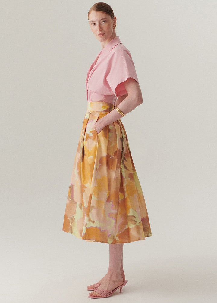 Watercolor Print Pleated Midi Skirt