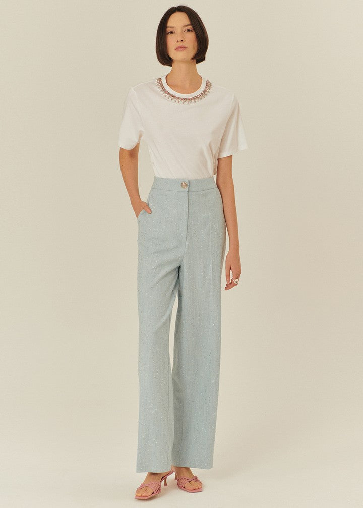 High-Waist Blue Trousers with Glossy Accents