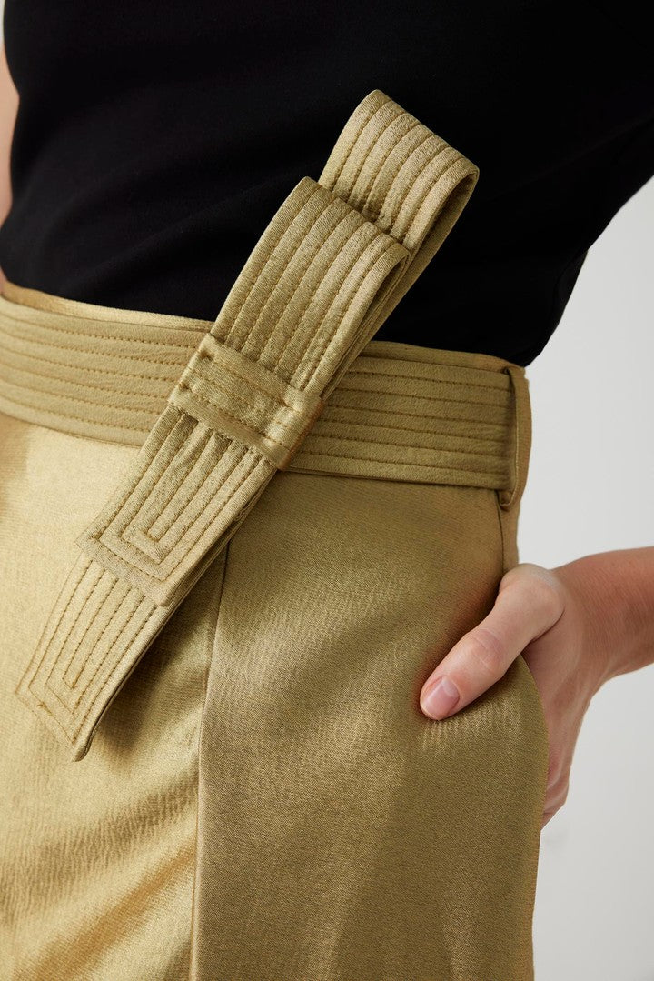 Regular Fit Gold Midi Skirt with Belt Detail