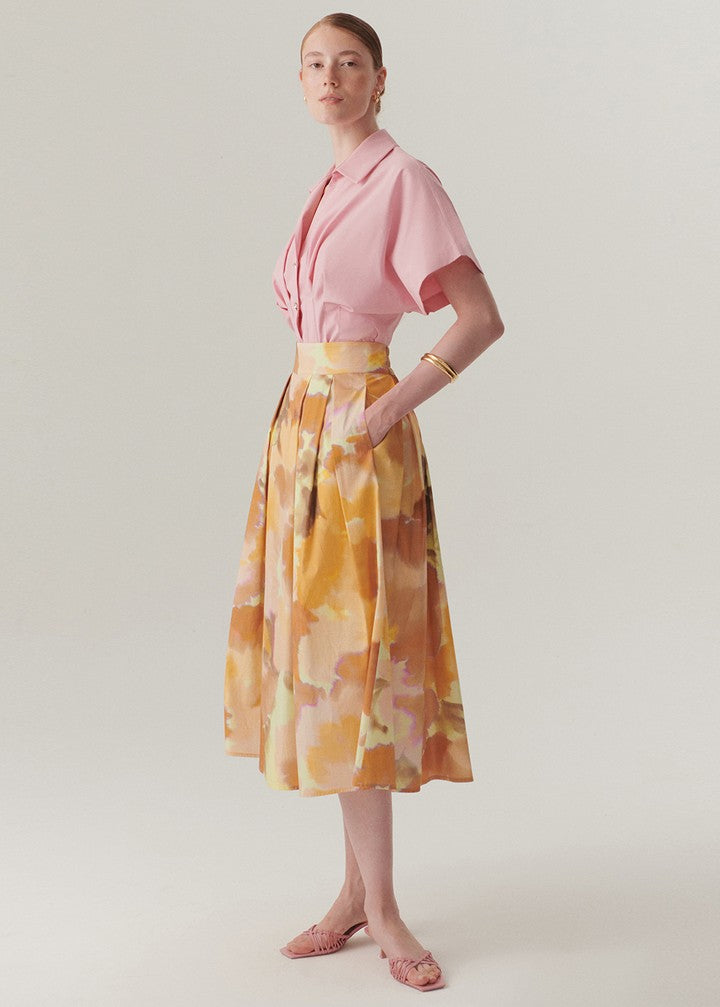 Watercolor Print Pleated Midi Skirt