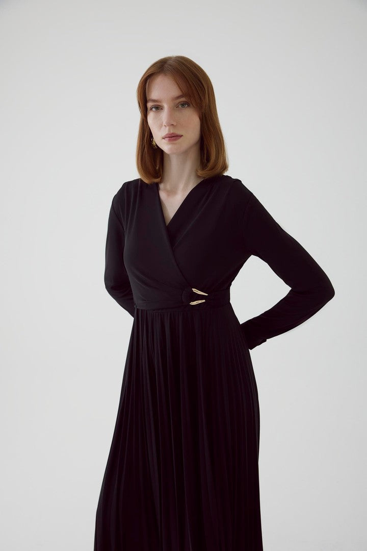 Black Stretch Knit Pleated Midi Dress