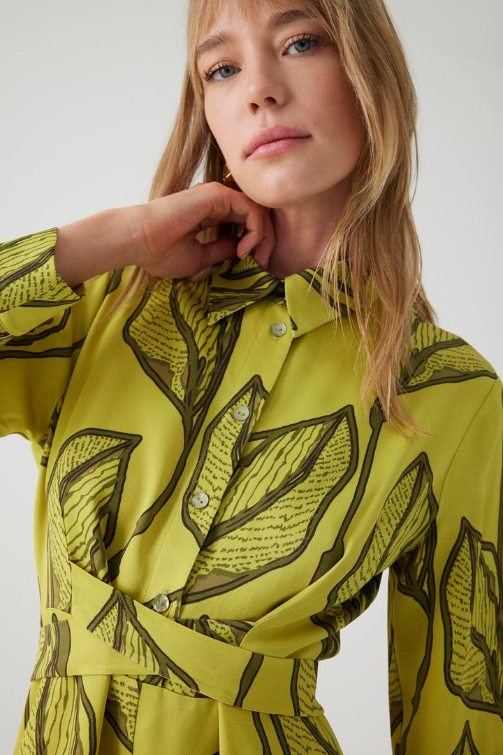 Green Floral Print Midi Shirt Dress