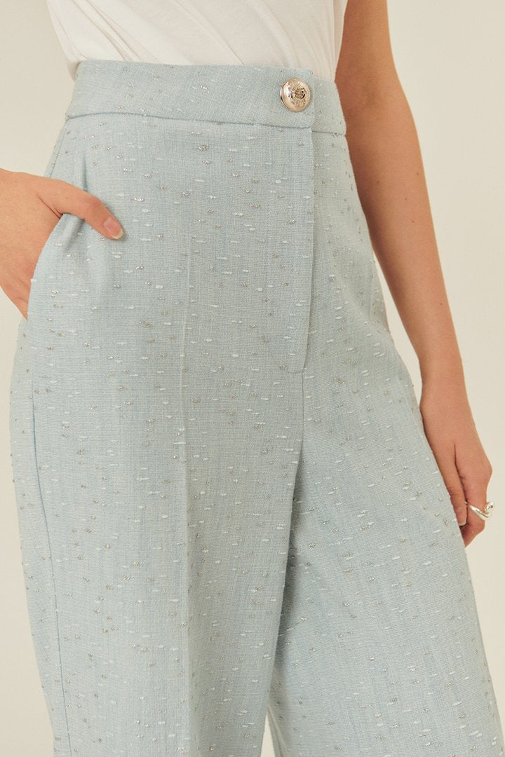 High-Waist Blue Trousers with Glossy Accents