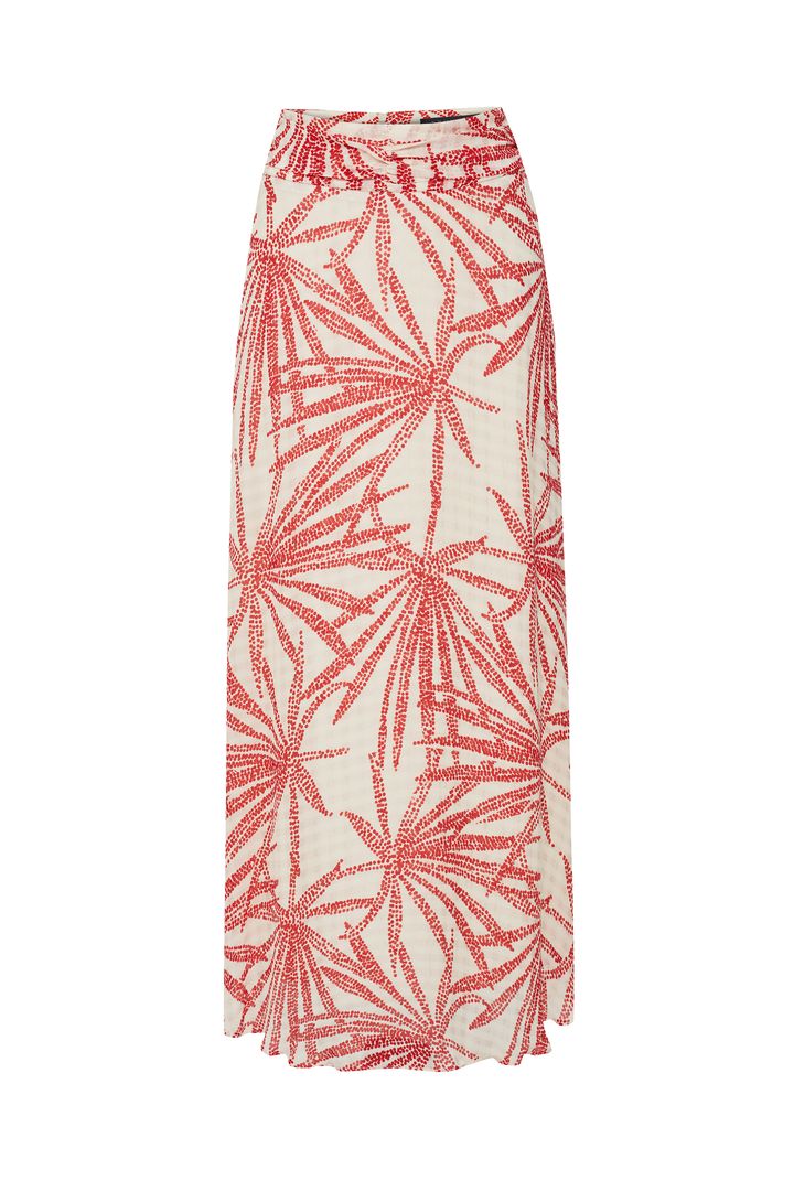 Regular Fit Leaf Print Midi Skirt in Rayon Chiffon with Drawstring Waist