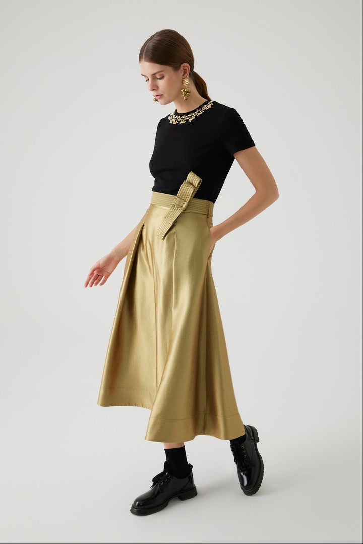 Regular Fit Gold Midi Skirt with Belt Detail