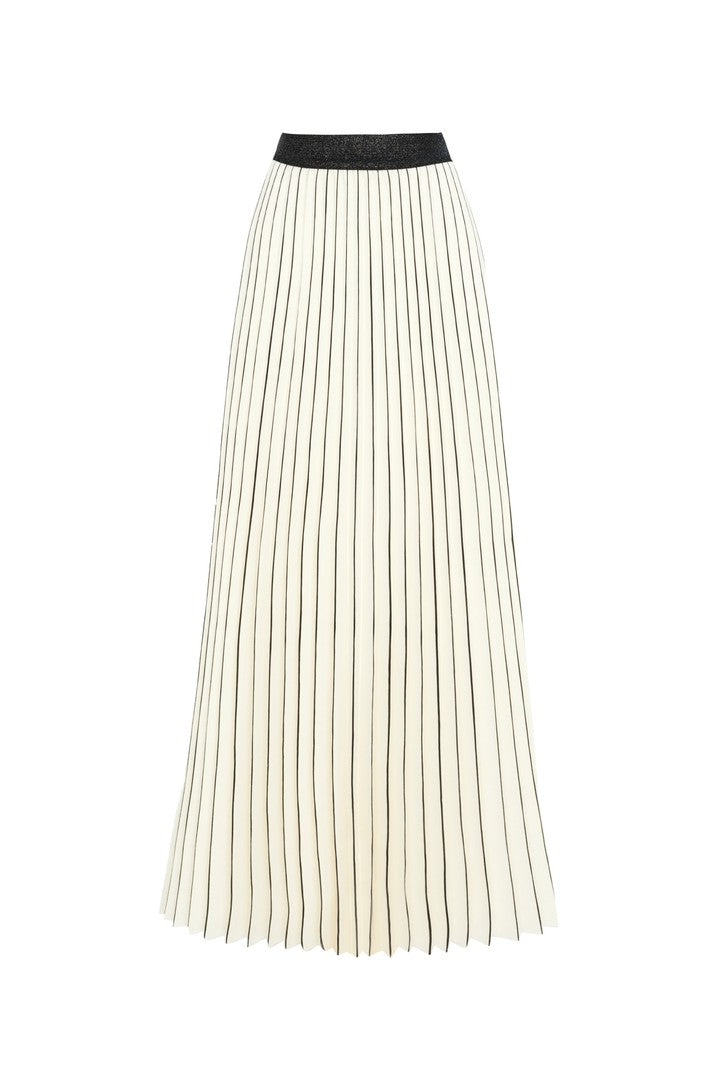 Bone Regular Fit Pleated Midi Skirt with Hand-Painted Details