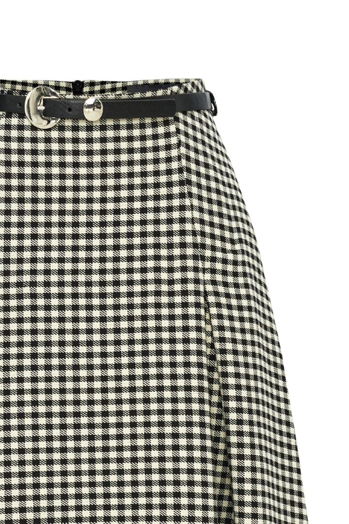 A-Line Gingham Patterned Midi Skirt with Belt