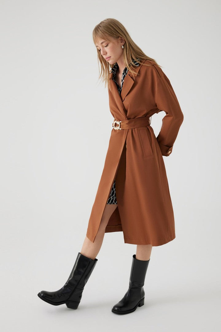 Camel Regular Fit Cotton Trench Coat with Belt and Pockets