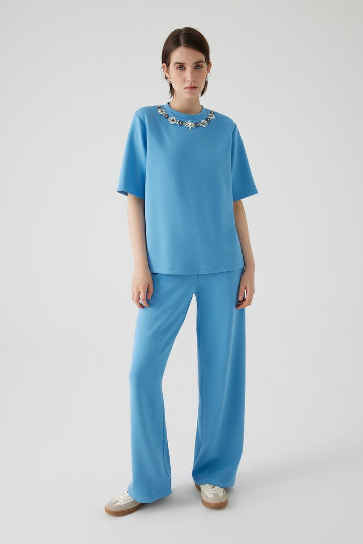 Blue Regular Fit T-Shirt with Crystal Embellished Neckline