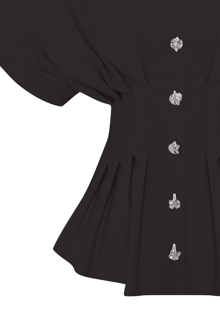 Pleated Waist Button-Up Blouse