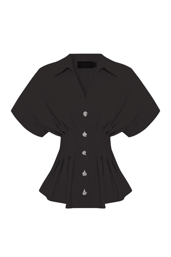 Pleated Waist Button-Up Blouse