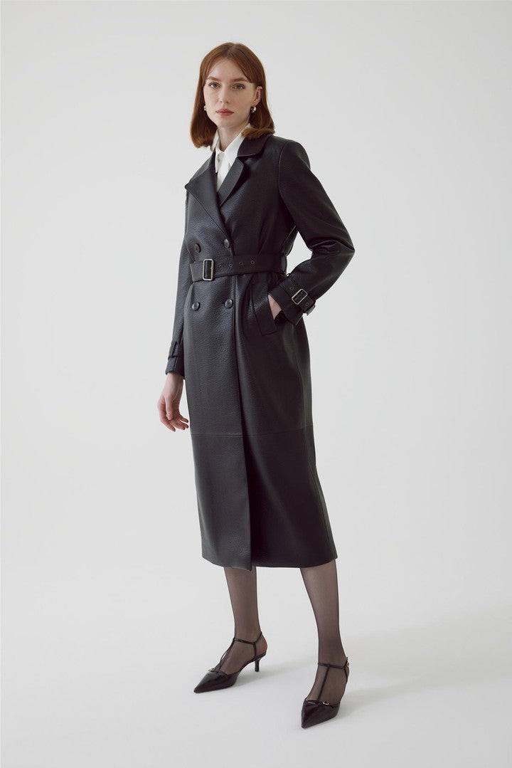 Black Regular Fit Belted Trench Coat in Eco Leather