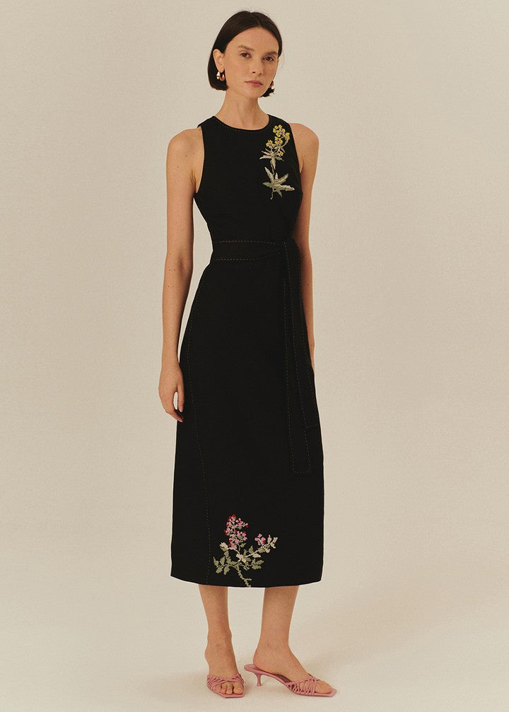Floral Embroidered Black Linen Midi Dress With Belt