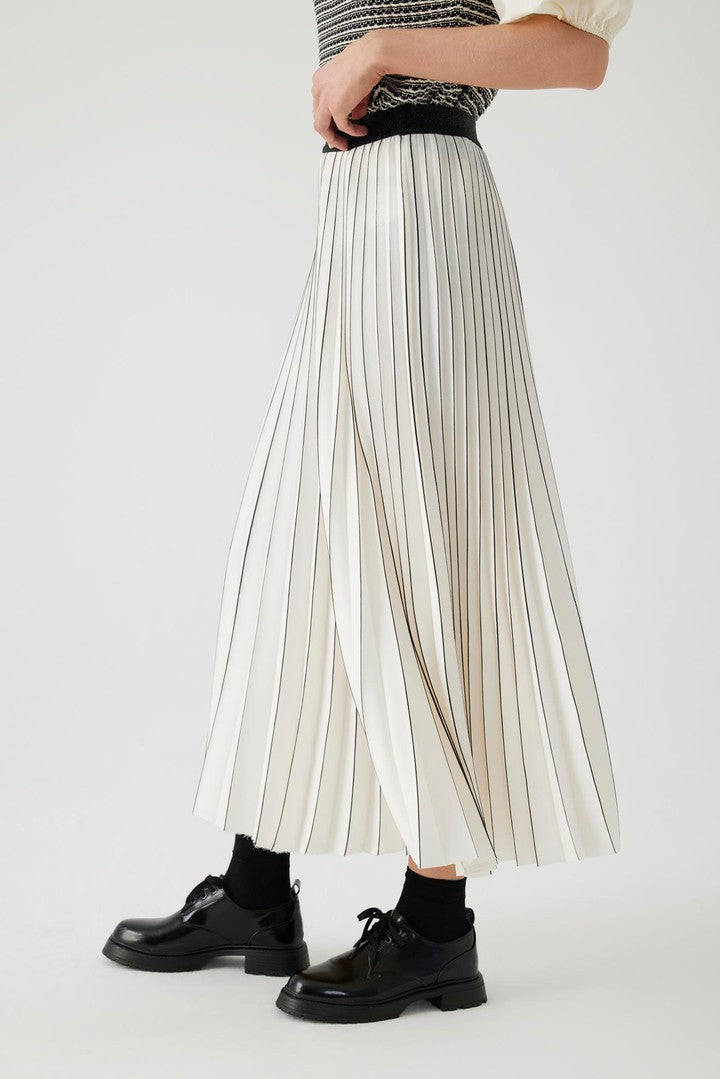 Bone Regular Fit Pleated Midi Skirt with Hand-Painted Details