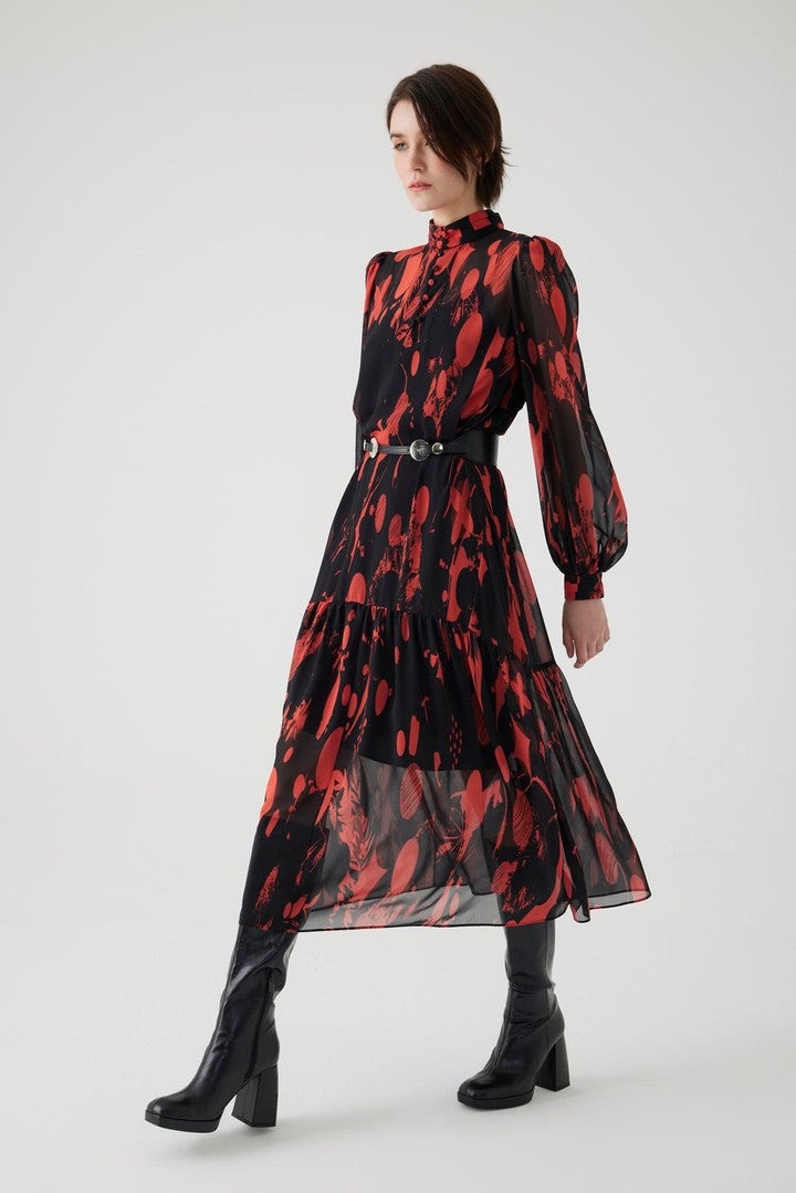 Red Printed Chiffon Regular Fit Dress with Belt