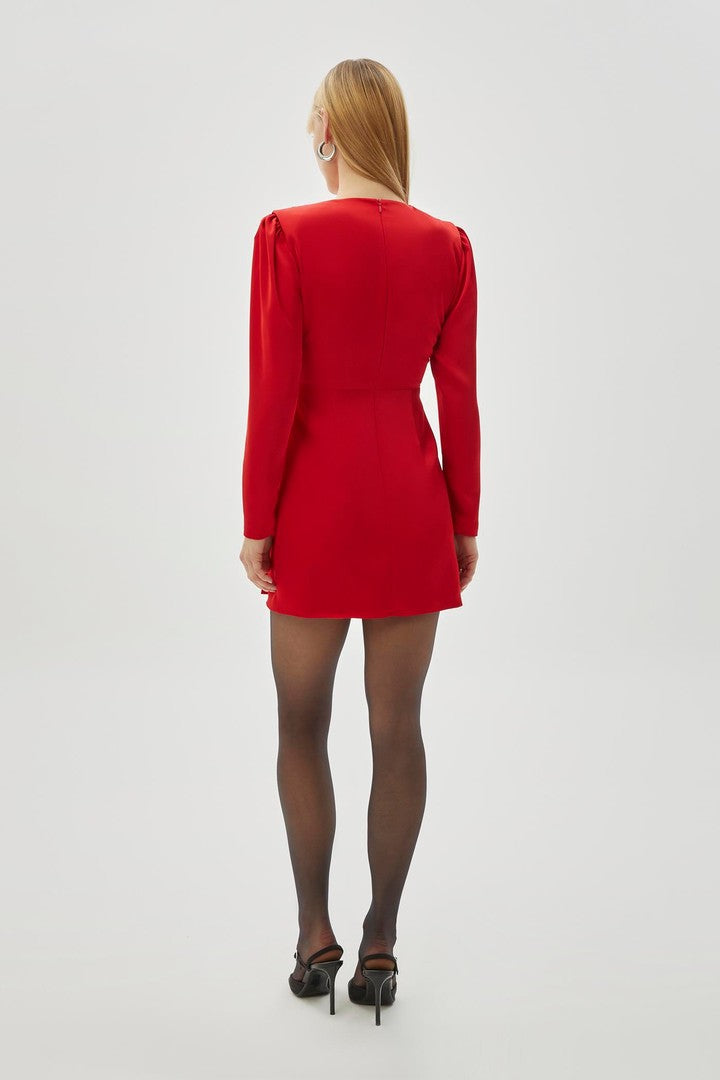 Red Midi Dress with Crew Neck and Waist Detail