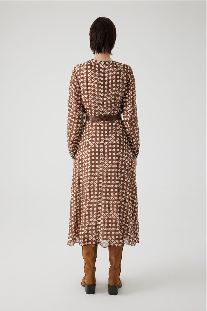 Brown Chiffon Midi Dress with Basket Pattern, Belted Waist, and Fitted Cut