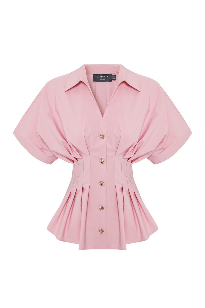 Pleated Waist Button-Up Blouse