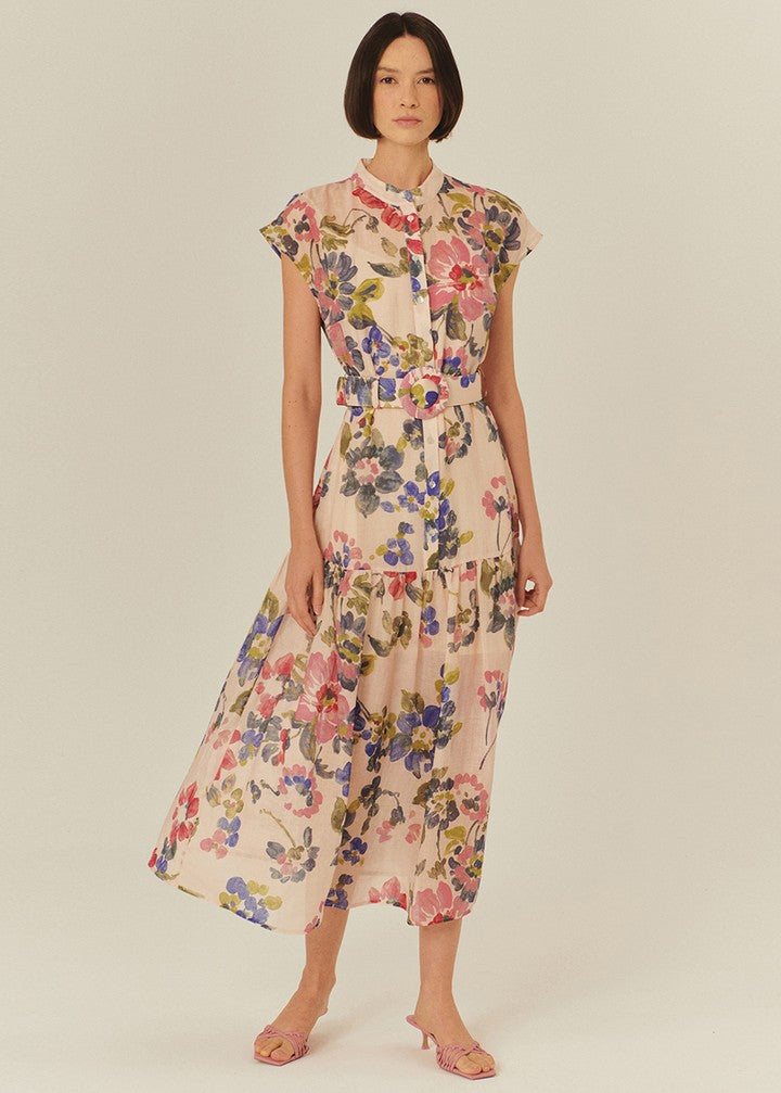 Button-Front Sleeveless Floral Dress