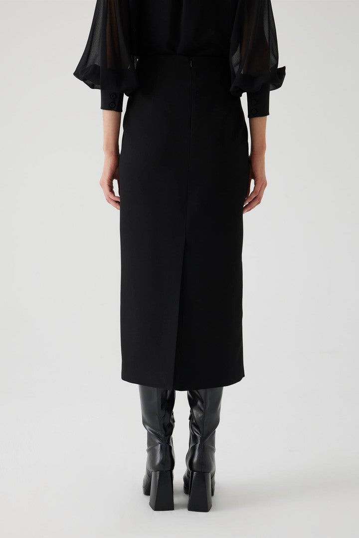 Black Button-Front Midi Pencil Skirt