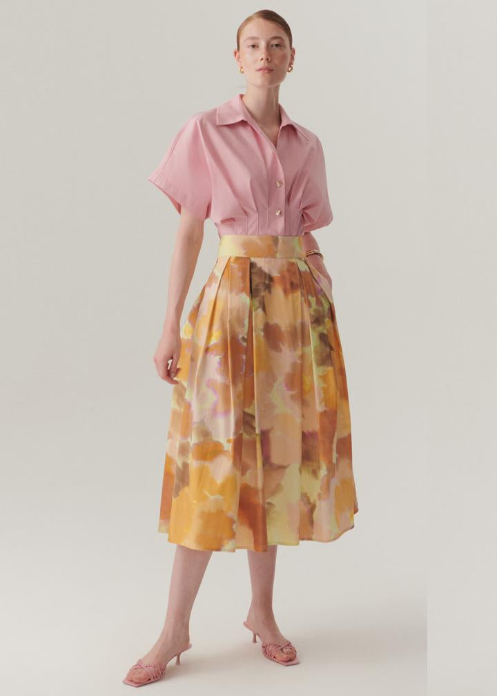 Watercolor Print Pleated Midi Skirt